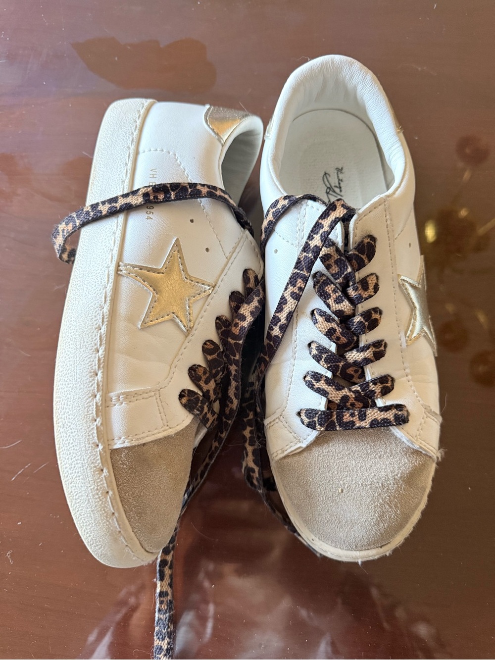 Vintage Havana White Kids Sneakers with Gold Star & Leopard Laces